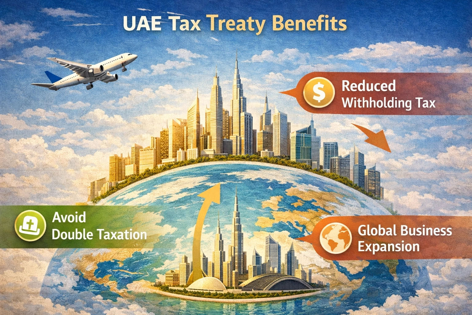 UAE tax treaty benefits illustrated on a world map: reduced withholding tax, avoidance of double taxation, and support for global business expansion UAE tax treaty benefits illustrated on a world map: reduced withholding tax, avoidance of double taxation, and support for global business expansion