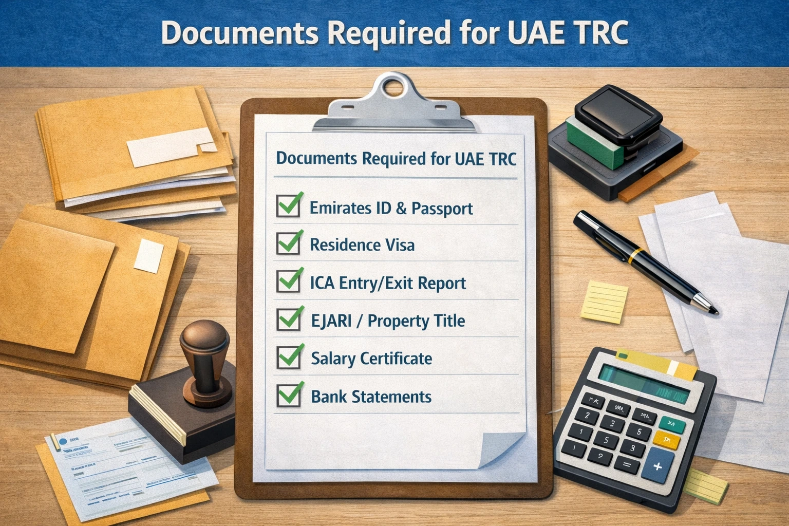 Checklist of documents required for UAE TRC: Emirates ID, residence visa, passport, ICA entry-exit record, EJARI or title deed, utility bills, salary certificate, bank statements Checklist of documents required for UAE TRC: Emirates ID, residence visa, passport, ICA entry-exit record, EJARI or title deed, utility bills, salary certificate, bank statements