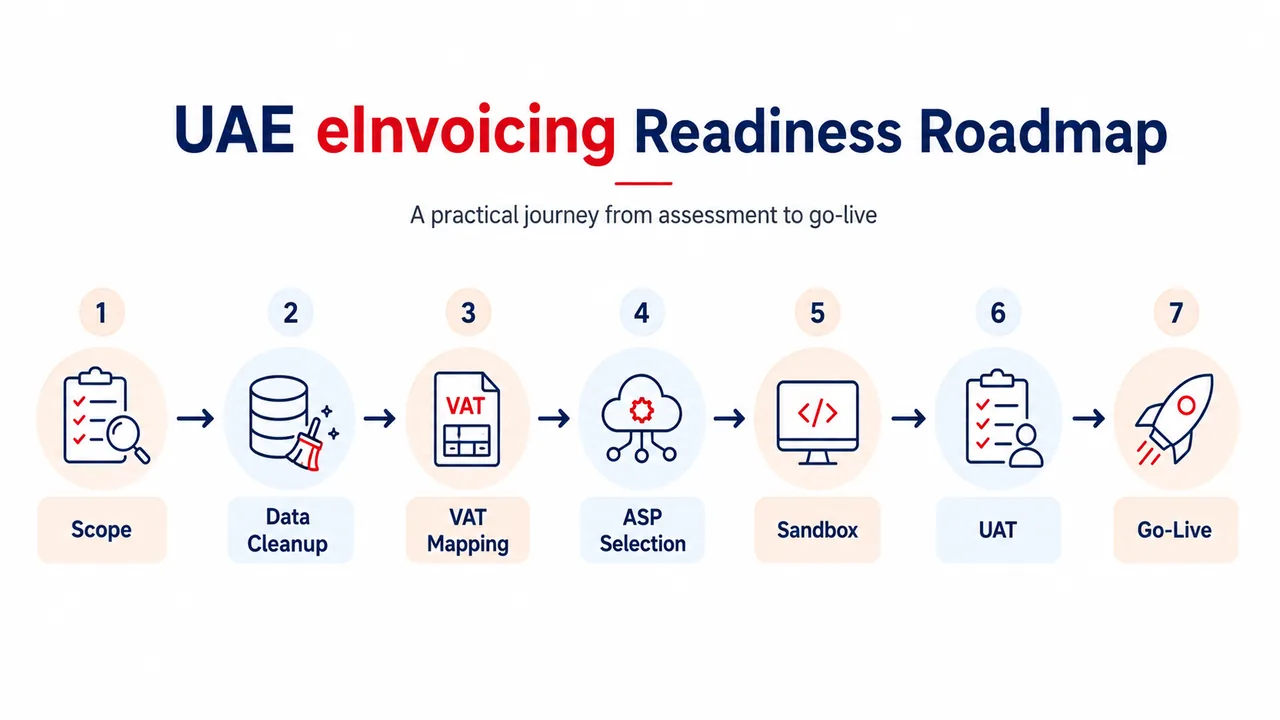 UAE eInvoicing Readiness Roadmap UAE eInvoicing readiness roadmap covering scope assessment, data cleanup, VAT mapping, ASP selection, sandbox testing, UAT and go-live.