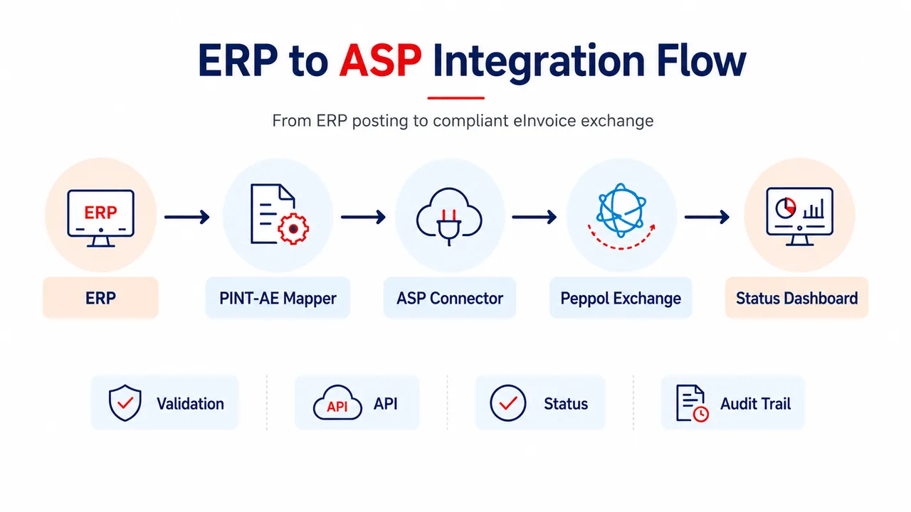 ERP to ASP Integration Flow ERP to ASP integration flow for UAE eInvoicing showing ERP posting, PINT-AE mapper, ASP connector, Peppol exchange and status dashboard.