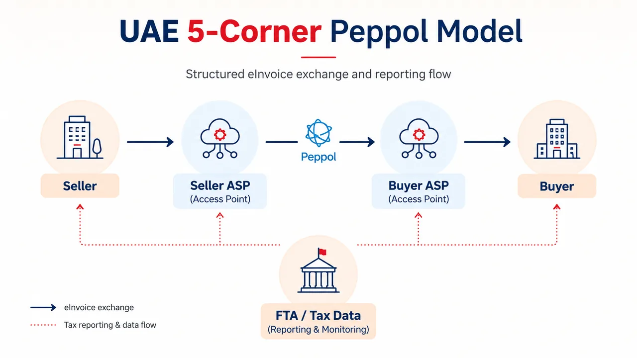UAE 5-Corner Peppol Model UAE 5-Corner Peppol Model for eInvoicing showing Seller, Seller ASP, Buyer ASP, Buyer and FTA tax data reporting flow.