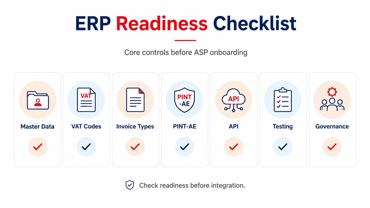 ERP Readiness Checklist for UAE eInvoicing ERP readiness checklist for UAE eInvoicing covering master data, VAT codes, invoice types, PINT-AE, API, testing and governance before ASP onboarding.