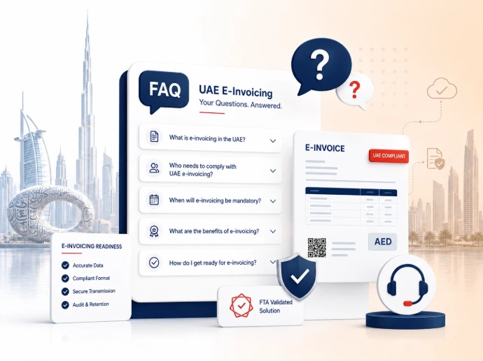 UAE E-Invoicing Readiness Assessment FAQs | PTG Consultant UAE E-Invoicing FAQ and readiness visual showing electronic invoice questions, readiness checks, compliance indicators, and Dubai landmarks in PTG branding.